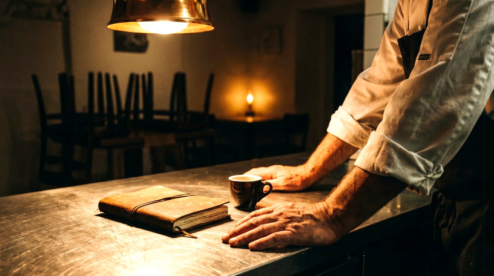 A seasoned, credible restaurant owner-operator standing in a working kitchen doorway during service: someone who has actually run the line, not an agency.