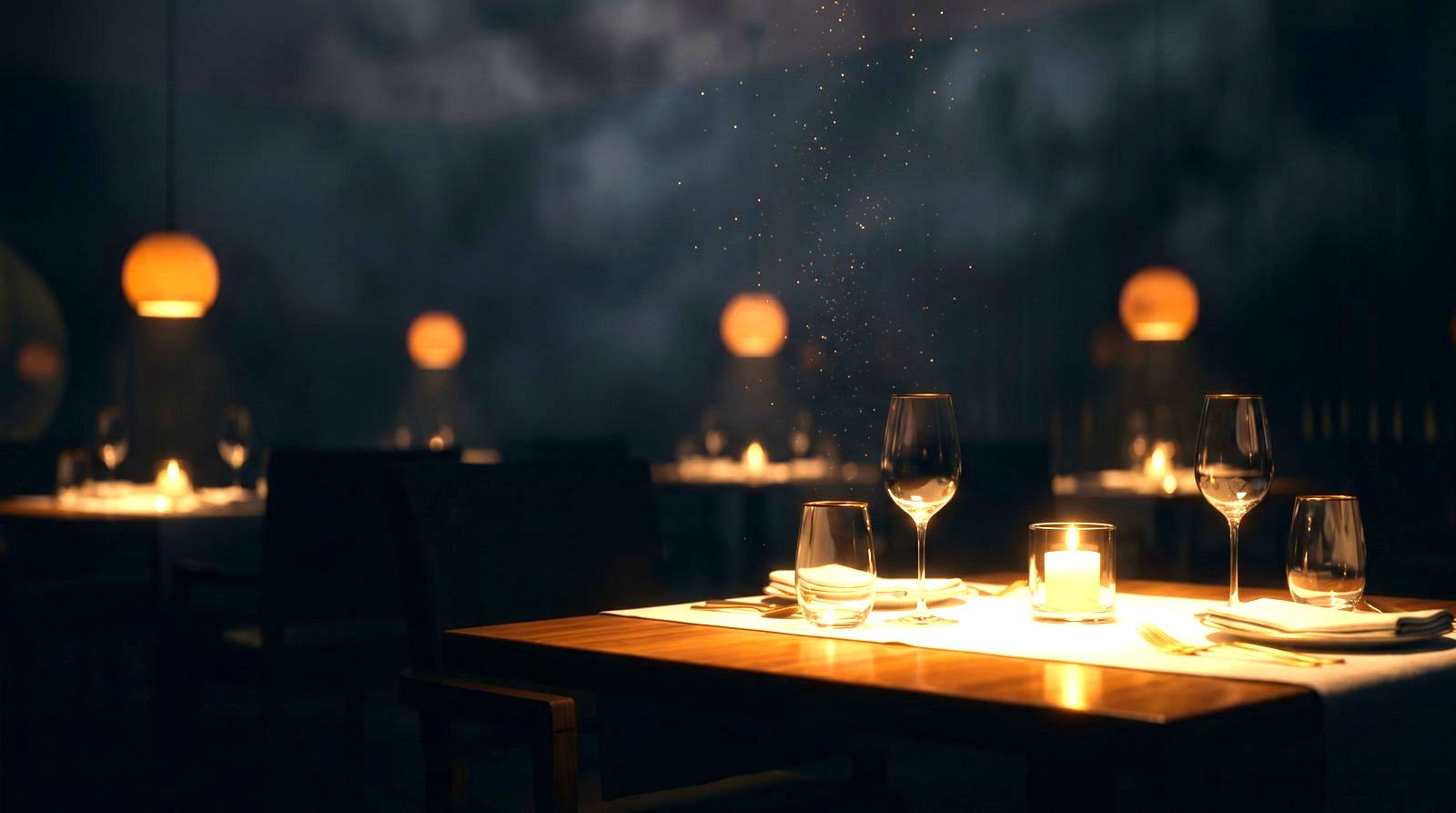 An empty reserved table and an unanswered host-stand phone in a dark upscale dining room, revenue quietly walking out the door.