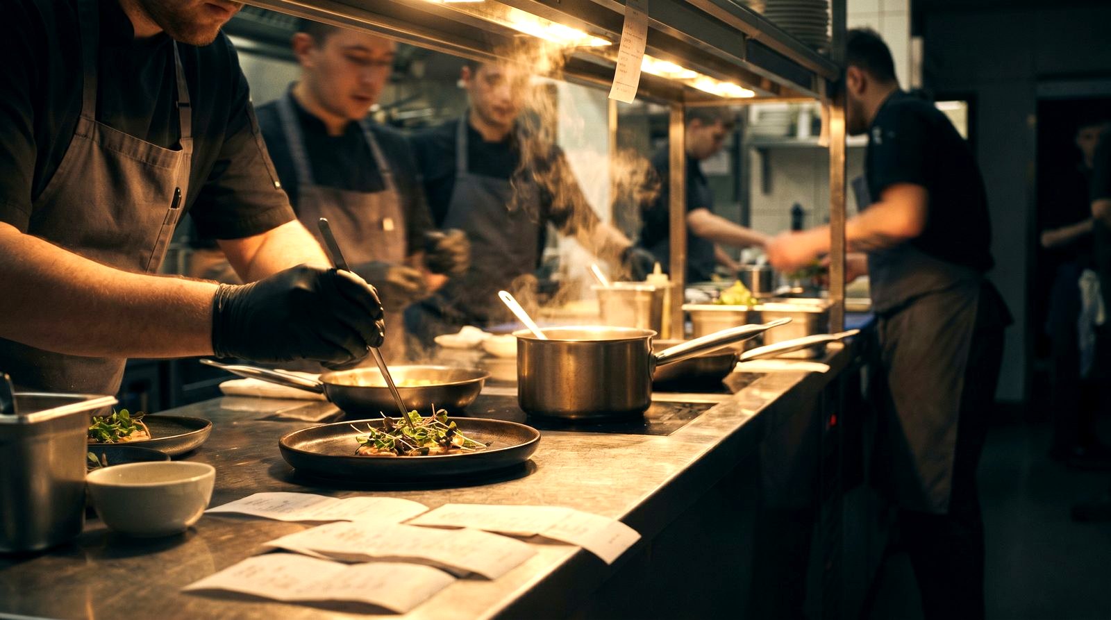 A chef plating refined dishes at the pass under warm light, with subtle gold lines connecting the plates: menu engineering and margin as a connected profit system.