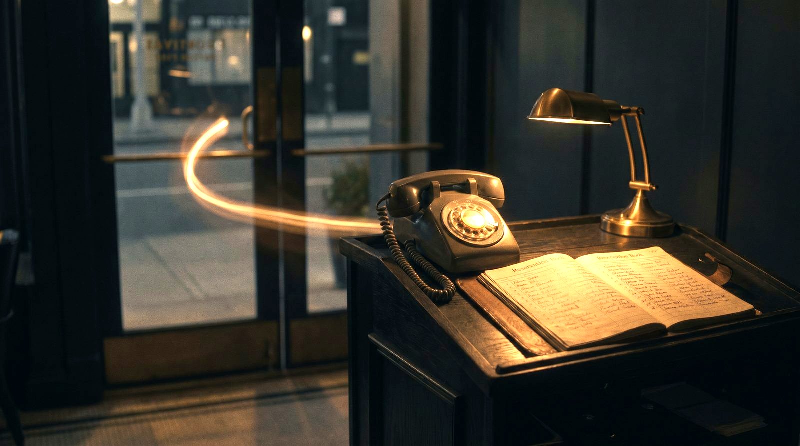 A warm trail of light flowing back through the front door to a glowing host stand and reservation book, captured calls and customers returning to the restaurant.