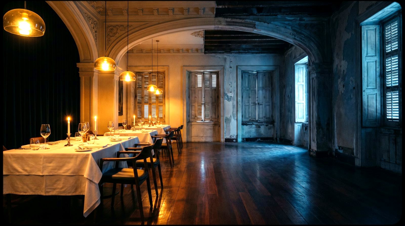 A split scene contrasting a cold, dark, empty restaurant on one side with the same room warm, full and thriving at dinner service on the other: a restaurant turnaround.