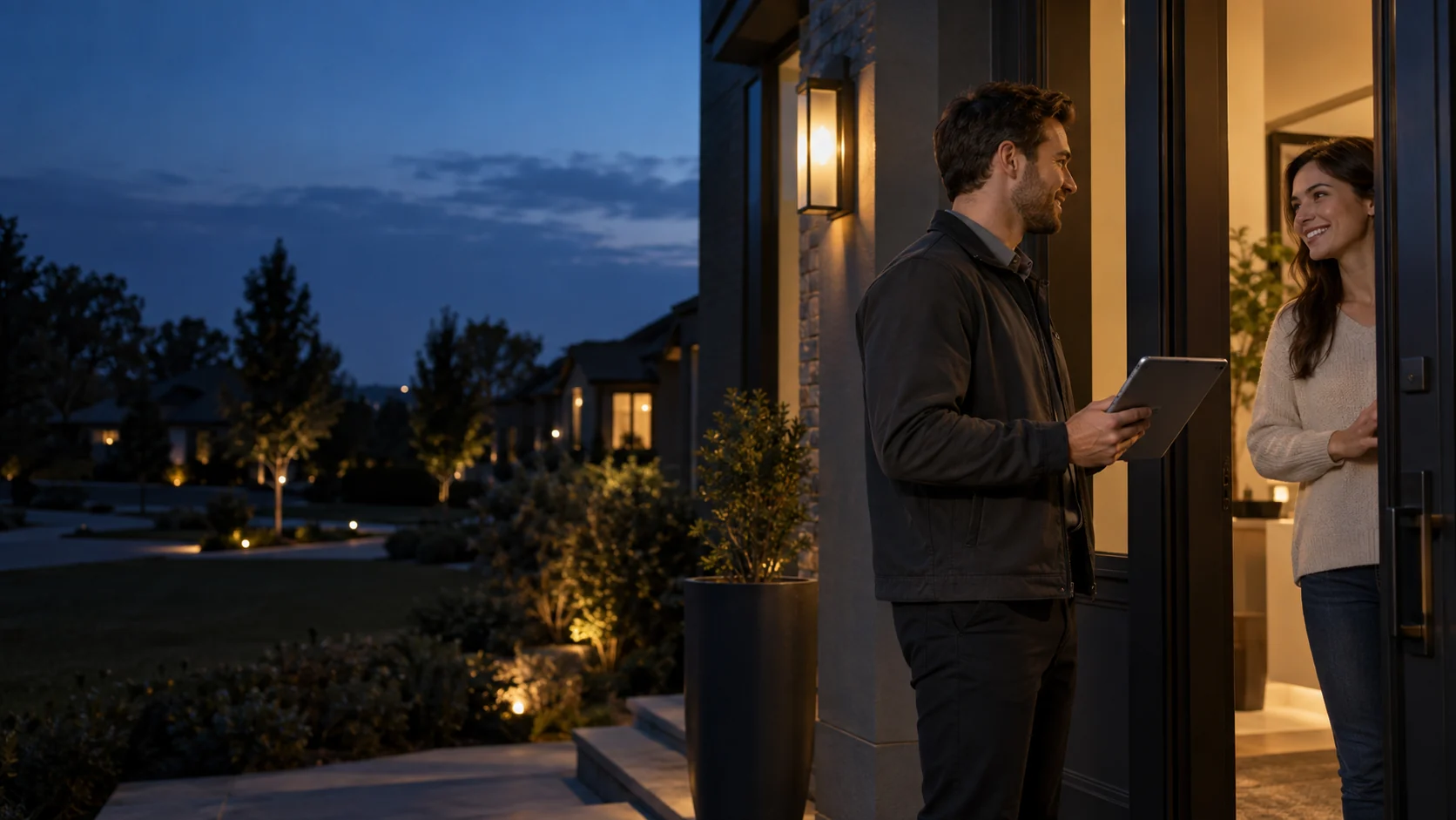 A representative with a tablet discussing a next step with a resident, an illustrative scene